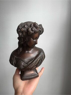 Antique Bronze Bust Lady Crowned with Flowers
